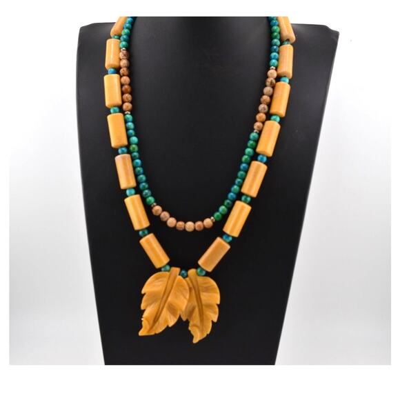 Navajo Mary W. Roanhorse Carved Leaf and Gem Pendant Necklace Set - Picture 1 of 4